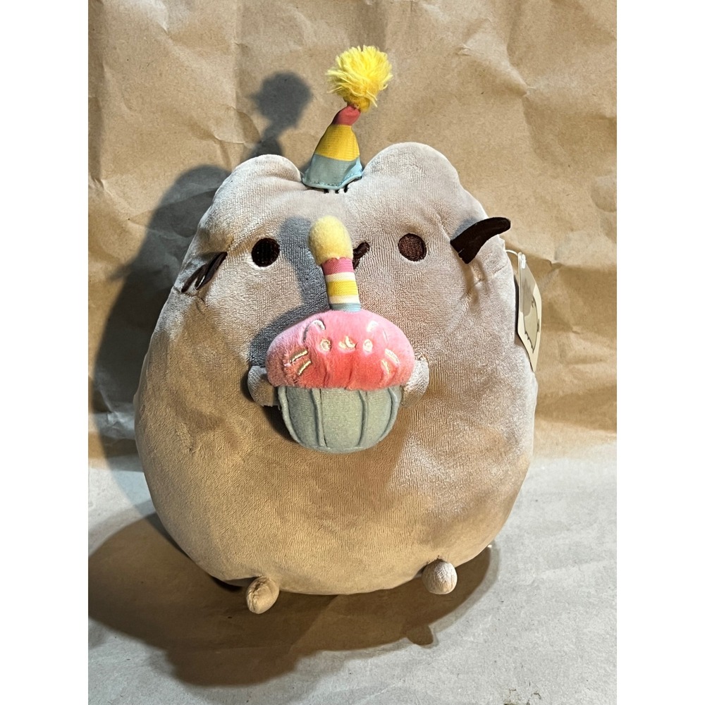 Pusheen Medium Plush Grey Birthday Cat with Cupcake and Party Hat